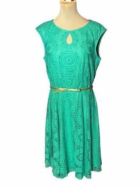 London Style Teal Lace Midi Dress with Gold Belt Size 12